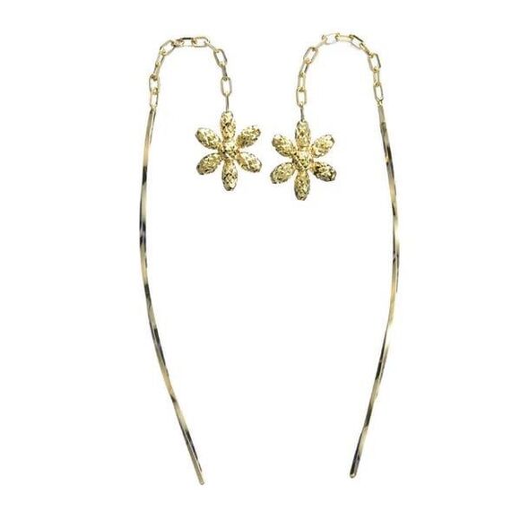 Dangle Flower Threader Earrings 18K Solid Yellow Gold